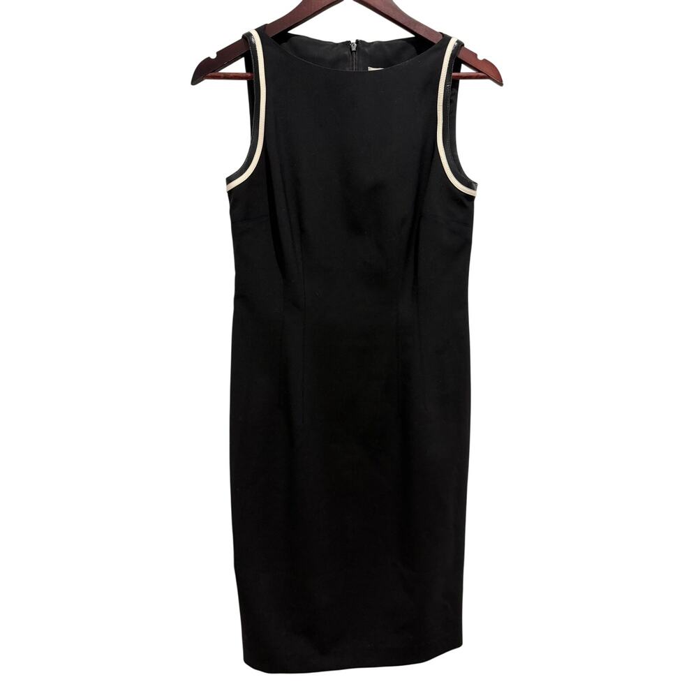 WORTH Wool Blend Sleeveless Black Dress Leather Trim Size 2 Office LBD